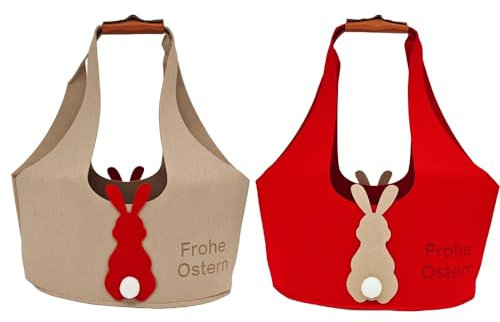 2 Stück Osterkörbchen, Ostern Filztaschen, Osterhasen Tasche, Ostertüten Zum Befüllen, Osterkorb Kinder, Ostern Beutel, Frohe Ostern Tüten-1Grey+1 Rot