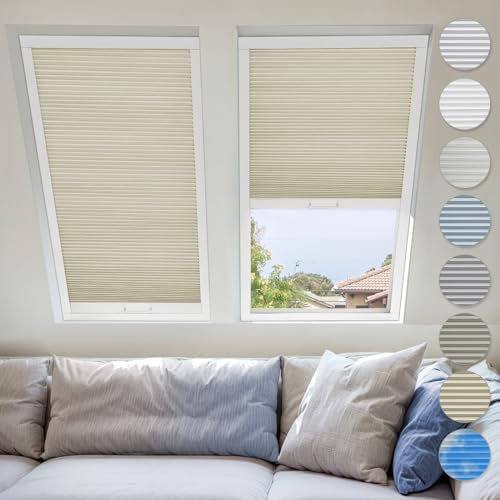 UrMoon Skylight Blinds for Roof Window, Easy Install Honeycomb Shades Cellular Blinds for Inclined Skylight Sun Room Windows (Blackout - Almond)