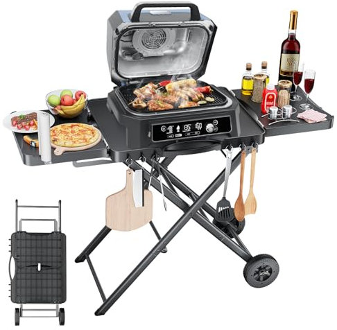 Chariot de table portable d'extérieur pour barbecue Ninja Woodfire - OG701 OG850 OG951, grand support pliable de 129,5 cm pour Ninja Blackstone, Weber, avec porte-serviettes en papier et crochets en J