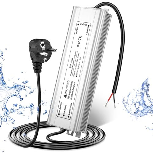 LED Trafo 12V 80W IP67, Outdoor Wasserdicht Transformator mit Stecker, LED Netzteil Treiber 230V auf DC 12 Volt Adapter, LED Driver Außen für LED-Streifen Lampen Strahler Lichtbänder