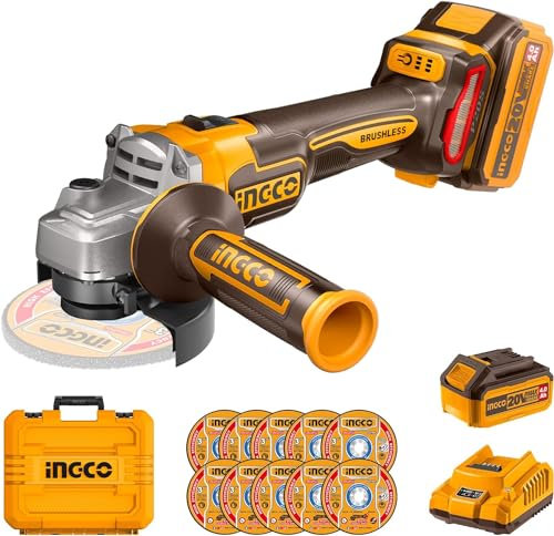 INGCO Meuleuse d'angle Sans Fil 20V, Ø115mm M14, Moteur sans Balais, 9000 tr/min avec 1 Batterie 4.0Ah, 1 Chargeur, 10 Disques de Coupe pour Meuler et Polir, Couper CAGLI211541