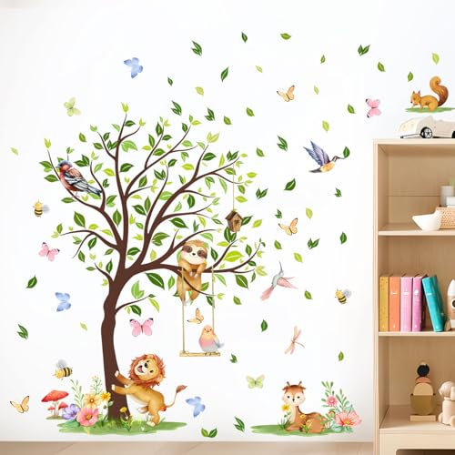 Decvictor Wandtattoo Baum Dschungel Tier Wandaufkleber Löwe Eichhörnchen Hirsch Vogel Wandsticker Kinderzimmer Babyzimmer Mädchenzimmer Wanddeko