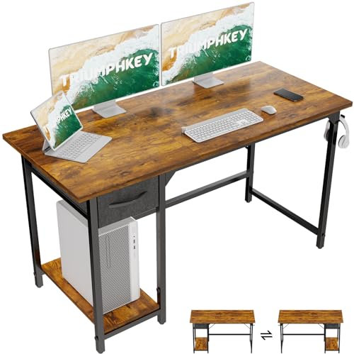 TRIUMPHKEY Escritorio de Oficina con Cajones,120cm Escritorio de Ordenador con Gancho, Mesa de Juego Reversible, Escritorio de Ordenador de Estilo Moderno para Dormitorio y Oficina en Casa Marrón