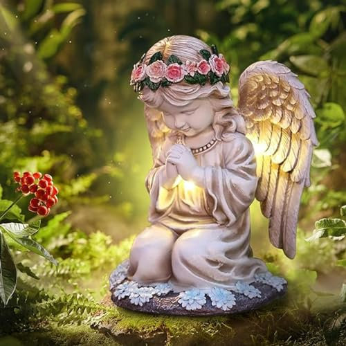 dewdat Statue De Jardin d'ange Solaire, Décoration Extérieure, Sculpture De Jardin en Prière d'ange, Sculpture Extérieure Décorative Imperméable pour Patio, Porche, Cour, Balcon, Cimetière, Tombe