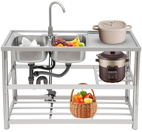 Évier Commercial en Acier Inoxydable avec Double Étagère De Rangement, Robinet, Établi, Évier sur Pied à Doubles Bacs pour Restaurant, Café, Bar, 120 × 45 × 80 cm