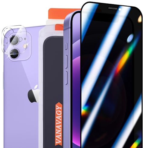 VANAVAGY 2 Pack Privacy Glass Screen Protector for iPhone 12, [2 Pack Camera Lens Protector] [Easy Installation] Plating Film with Frame Full Coverage Case for Apple 12