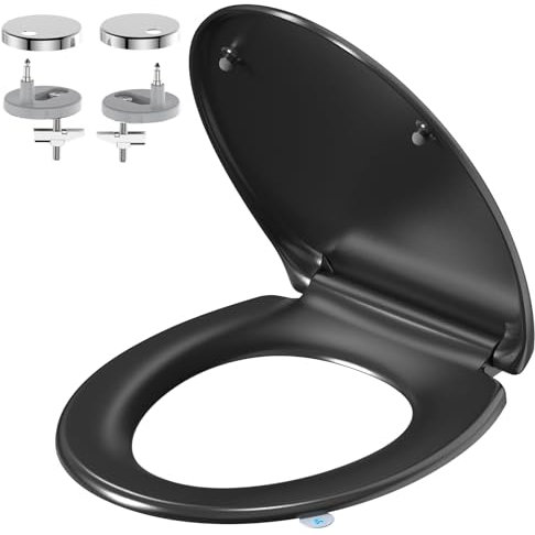 Toilettendeckel mit Absenkautomatik O-Form, YEAUPE PRO WC Sitz mit Puller Lid, Toilettensitz mit Quick-Release Funktion für einfach Reinigung, 150 kg belastbar, Schwarz, 44,6 x 37,2CM