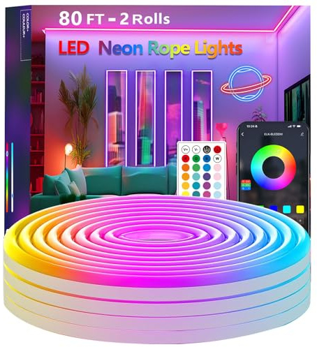 httpsmp 24M RGB Neon LED Strip Lights, Musik Sync, 24V Flexible Streifen mit App/Fernbedienung anwendbar auf Schlafzimmer, Raum & Außendekoration