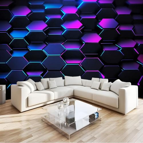 3D Effect Photo Wallpaper Neon Blue Purple Geometric Hexagons Mural Panoramic Wall Tapestry Large Photo Wallpaper Mural 350x256 cm Bedroom Eco-Friendly Wallpaper Decoration