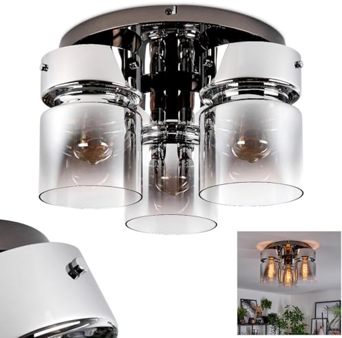 HOFSTEIN Deckenleuchte Hasvik, 3-flammige Deckenlampe aus Metall/Glas in Schwarz/Chrom-/Rauchfarben/Klar, Leuchte im Retro/Vintage-Design (Schirme Ø 15 cm), E27, Esszimmer, Wohnzimmer, Küche, Flur