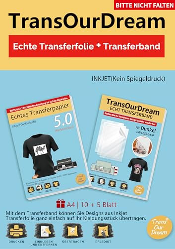 TransOurDream (10 Blatt Dunkel 5.0 Transferfolie + 5 Blatt Transferband Inkjet Transferpapier für dunkle T-Shirts zum Aufbügeln,Textilien Aufbügelpapier (D-Dark5.0+Transferband)