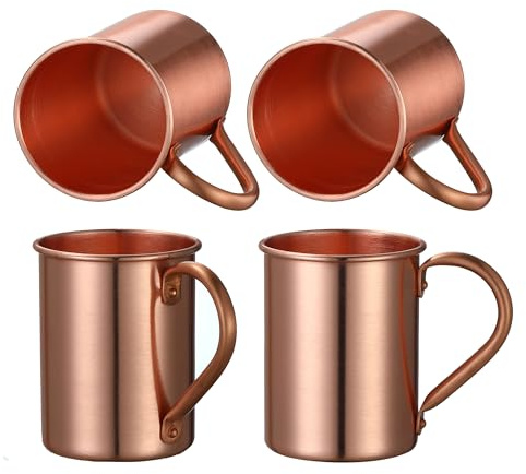 Cocktail Geek Moscow Mule Becher aus reinem Kupfer, handgefertigt, gerade, glatte Oberfläche, genieteter Griff, 4 Stück