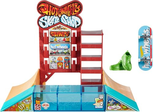 Hot Wheels Skate Griffbrett Spielset, Skate Shop mit exklusivem Griffbrett & Paar Skateschuhe, Rampen, Wände & Kanten zum Skaten, inklusive Stauraum