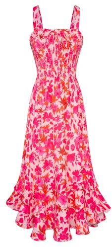 GRACE KARIN Robe longue d'été à bretelles florales pour femme, col carré, ourlet double couche, smocké, Rose rouge avec feuille d'érable, L