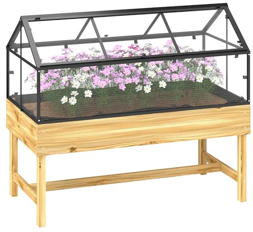 Outsunny Raised Garden Bed with Cold Frame Greenhouse, Elevated Wood Planter Box with Polycarbonate Panel and Top Vent for Vegetables, Flowers, Herbs, 120 x 60 x 103cm, Natural Wood Finish