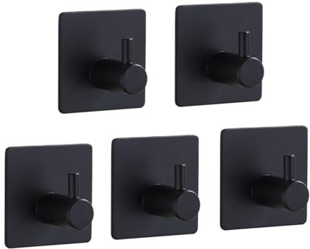 TECBULL® 5 massive Edelstahl Klebehaken - Schwarz matt, Handtuchhaken fürs Bad selbstklebend, Handtuchhalter ohne Bohren, Hochwertige Handtuch Haken, Wandhaken, rostfrei, klassisches Design