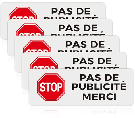 Acuxiaza 5 Pièces Pas de Publicité Merci 85x30 mm Panneau Aluminium Brossé Plaque Boite aux Lettre, Adhésif, Stop Pas de Publicité