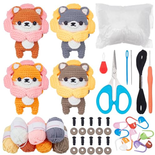 WEBEEDY 4 Häkel-Set Für Anfänger Mit Schritt Für Schritt Videoanleitungen Komplettes DIY Tierkit Hund Häkelset Für Erwachsene Starter Strickbedarf (Shiba Inu)