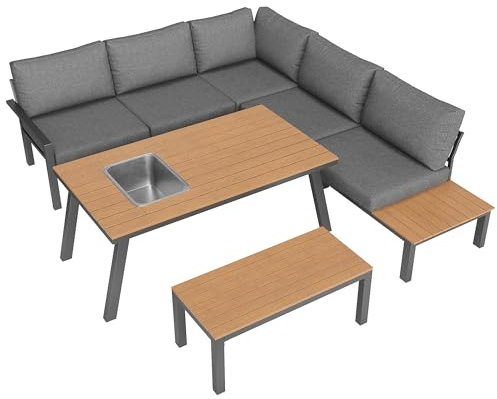 infirack Garten-Lounge-Set für 6-7 Personen, geeignet für Garten, Balkon, Terrasse, wetterfeste Sitzgruppe, Essgruppe, modernes Gartenmöbel-Set, Gestell aus verzinktem Eisen, Tischplatte mit Eiskübel