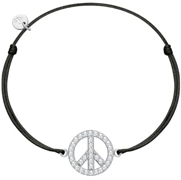 GLANZSTÜCKE MÜNCHEN Damen Armband 925/- Sterling Silber | rhodiniert, Textilarmband, Zirkonia, weiß, Peace, Zugverschluss, Textilarmbandfarbe schwarz