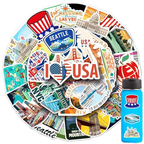 Yoimckay 50 Stück USA Reiseaufkleber, ästhetische Aufkleber, wasserdicht, Aufkleber für Reisen, Landschaftsgestaltung, für Auto, Laptop, Skateboard, Fahrrad, Mopeds