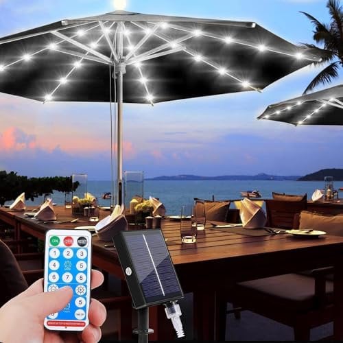 SUAVER Solar Lichterkette 104LED Solar Sonnenschirm Beleuchtung mit Fernbedienung,8 Modi LED Sonnenschirm Lichter,Wasserdichte Gartenleuchten Deko Licht für Garten Strand Party (Weiß)