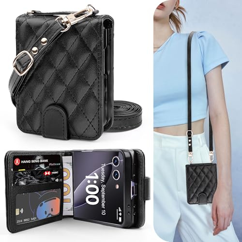 OCASE for Samsung Galaxy Z Flip 7 Case, PU Leather Wallet, Argyle Black | Magnetic Folio Cover with Adjustable Crossbody Strap, Card Holders, RFID Blocking, Shockproof for 6.9 Inch Flip 7
