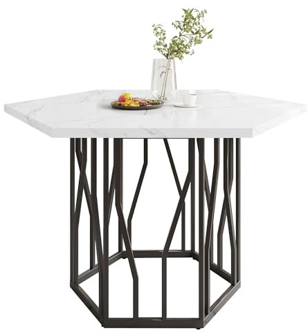 I0I&I0I Esstisch Marmoroptik Sechseckig – Moderner Design Tisch mit Metallgestell Schwarz, MDF Tischplatte Weiß, Wohnzimmer Esszimmer Couchtisch (Stil 1)