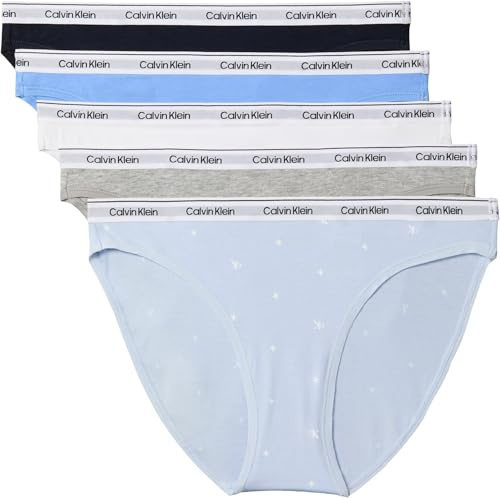 Calvin Klein Damen 5er Pack Slips Bikini Form Low Rise Unterwäsche, Mehrfarbig (Shoreline/Blue Descent/White/Gre), L