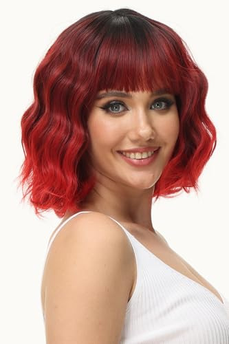 Luxiremi Perücke Rot Bob Kurze Lockig Perücken mit Pony für Damen Cosplay | Ombré Spezielle Schulterlang gewellt synthetisches Haar mit Pony. Inkl. 1 Perückenhaarnetz für Frauen, Karneval Halloween