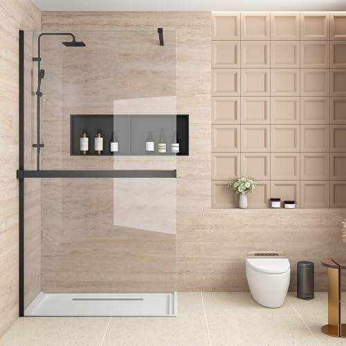 Bathlink Duschwand für Dusche mit Ablage, Schwarz, 100 x 200 cm | 8 mm ESG-Sicherheitsglas, Integrierte Ablage mit Handtuchhalter, Stabilisierungsstange, Nano-Beschichtung