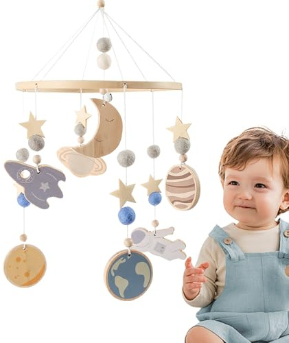 Mobile für Babybett, aus Holz für Babyzimmer – beweglich, um 360 Grad drehbar, visuelle Stimulation, Schlafhilfe für Nacht, Kinderbettwäsche-Set