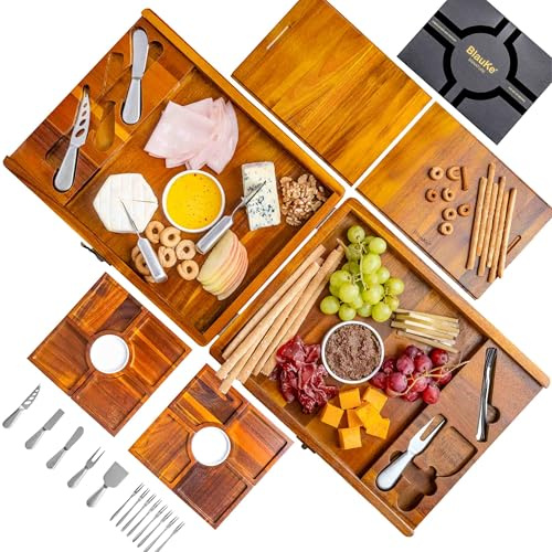 Tabla de Quesos y Embutidos con Cuchillos de Queso - Bandeja de Madera de Acacia, Mejor Que Tablas de Charcutería en Bambú - Bandejas para Servir Comida, Aperitivos, Tapas – Grande XL - Idea Regalo