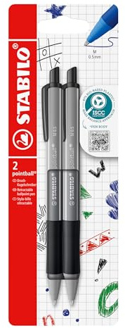 STABILO pointball colorful - Ballpoint Pen | Pack of 2 - Dark Grey with Black Ink