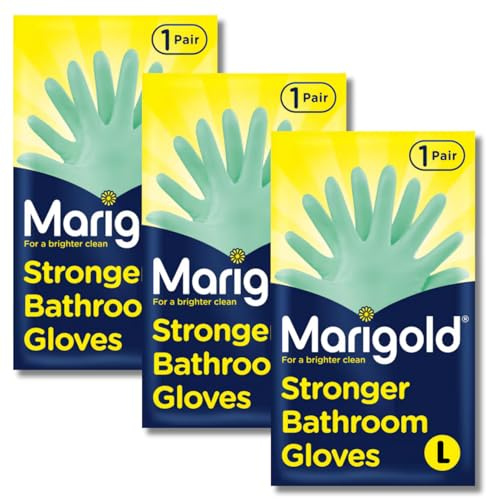 BBliss 3 Pairs of Stronger Bathroom Cleaning Gloves | Roll-Top Cuffs Natural Rubber Latex Textured Grip Gloves with Cotton Lining for Toilet, Shower, Sink, Tile & Window Cleaning | (Large) - Green