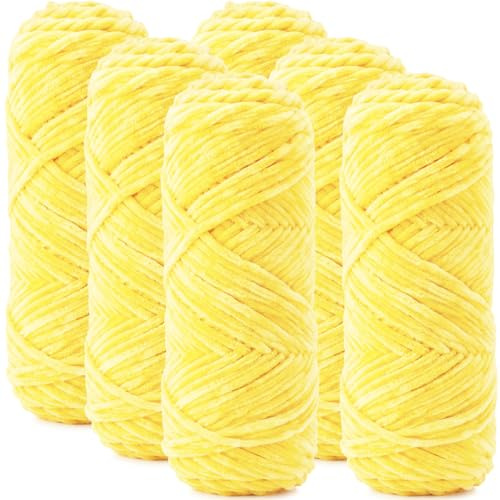 Lighterday 6 × 100 g Chenille Wolle zum Häkeln,Chenille Garn Dicke Wolle zum Häkeln,Weiche Flauschige Dick Stricken Yarn,Chunky Strickgarn für Mützen,Schal,Socken,Pullover und Decke(Leuchtendgelb)