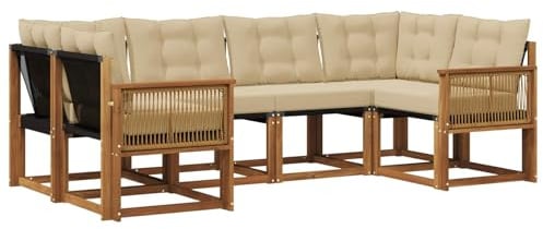vidaXL Outdoor-Sofagarnitur mit Kissen 6 pcs Natur und Beige, Sofaset für den Garten, Moderne Kollektion, wetterfest, Bequeme Akazienholz-Sitze, entspannendes Arrangement