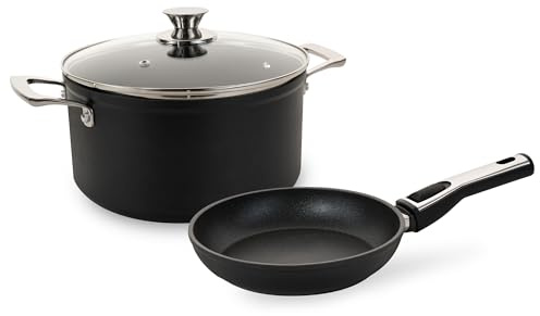 Genius Cerafit Plasma Kochgeschirr-Set 3-tlg Bratpfanne 20 cm + Kochtopf 24 cm mit Deckel, Antihaft, für Induktion und alle Herdarten, abnehmbarer Pfannen Griff, Backofengeeignet & Spülmaschinenfest
