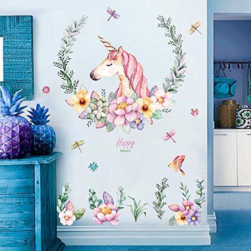 WandSticker4U®- [Aquafarben] Wandtattoo EINHORN mit BLUMEN XXL (110x110 cm) I Wandsticker Kinderzimmer Mädchen Einhorn Blumen rosa Schmetterlinge I Wandaufkleber Kinderzimmer Deko Mädchen GROß