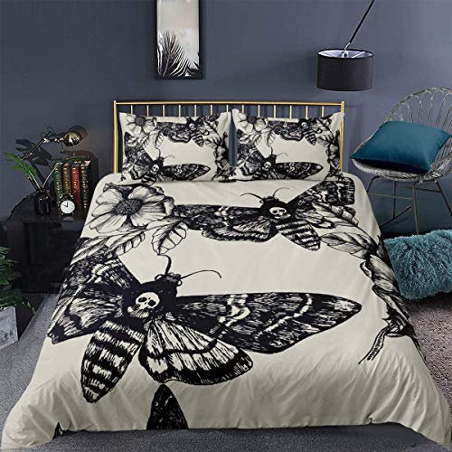 Loussiesd Bettwäsche-Set mit Totenkopf-Motiv, dekorativer Totenkopf-Motte und Blumen, Steppdecke, Einzelbett, Pesonalisiertes Skelettknochen, cremefarben, weicher Reißverschluss