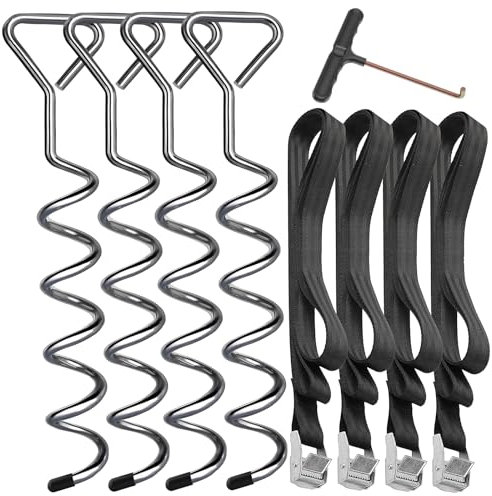 Hodzeed 4 Sets De Piquets d'ancrage Robustes pour Trampoline Kit d'ancrage Au Sol- Piquets en Acier Galvanisé Inoxydables pour Trampoline Jardin avec 4 Sangles Solides (Argent)
