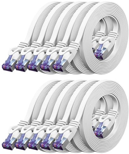 deleyCON 10x 0,25m Piatto CAT7 Cavo di Rete (CAT 7 con 10 Gbit/s) Gigabit LAN - RJ45 Ethernet Corto Cavo Patch Lungo Piatto - per Internet Interruttore Router Modem Pannello Patch - Bianco