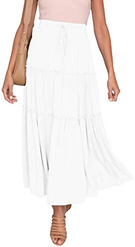 HAEOF Damen Boho Elastisch Hohe Taille A Linie Rüschen Swing Strand Maxi Rock mit Taschen - Weiß - Mittel