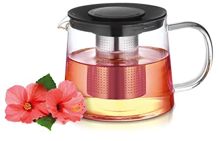 HOMLA Milbo Tee- und Kaffeekanne mit Brüher Sieb - Für heiße Flüssigkeiten, Kräuterbrühe - Minimalistisches Design Glas Kunststoff Edelstahl 1 l