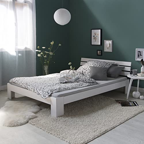 Homestyle4u 2260, Holzbett Doppelbett 120x200 mit Matratze und Lattenrost Bett Weiß Holz Kiefer Bettgestell Futonbett