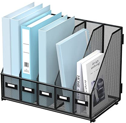 SUPEASY Schreibtisch-Organizer aus Metall, Zeitschriftensammler mit 5 vertikalen Fächern, Organizer für Büro, Schreibtisch, Zuhause, Arbeitsplatz, schwarz