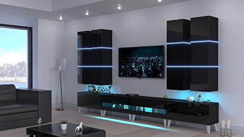 Furnitech Wohnwand Wohnzimmer | Wohnzimmer Möbel mit LED RGB - 16 Farben | Hängend Wohnwand Modern | Wohnzimmer Schrankwand mit Regale und TV Schrank (Jurat ANK51-18HG-B1 GS5 Mit Füßen)