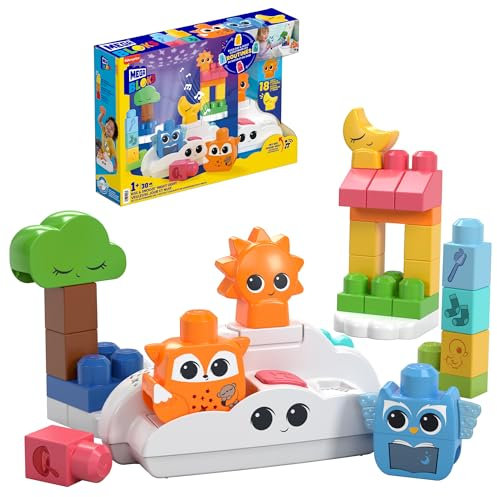 MEGA BLOKS Fisher-Price Bauspielzeug, Schlummerwald-Nachtlicht mit 30 Teilen, Liedern und Geräuschen, bunten Lichteffekten und Sternenlichtprojektor, für Kinder ab 1 Jahr, HTH43