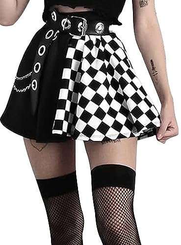 SEAUR Damen Gothic Rock Schwarz Weiß Kariert Punk Minirock Kurz Steampunk Skirt Cosplay Party Club Wear High Waist A Linie Goth Rock - S