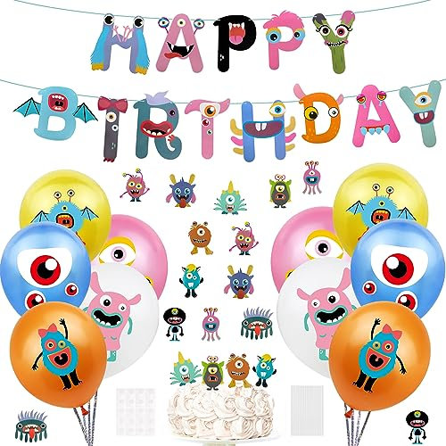 Oblique Unique® Monster Party Deko Set Kindergeburtstag – Luftballons, Girlande, Torten Topper – Geburtstagsdeko Kinder, Monsterparty Junge Mädchen, Mottoparty, Partyzubehör & Monsterdeko Set